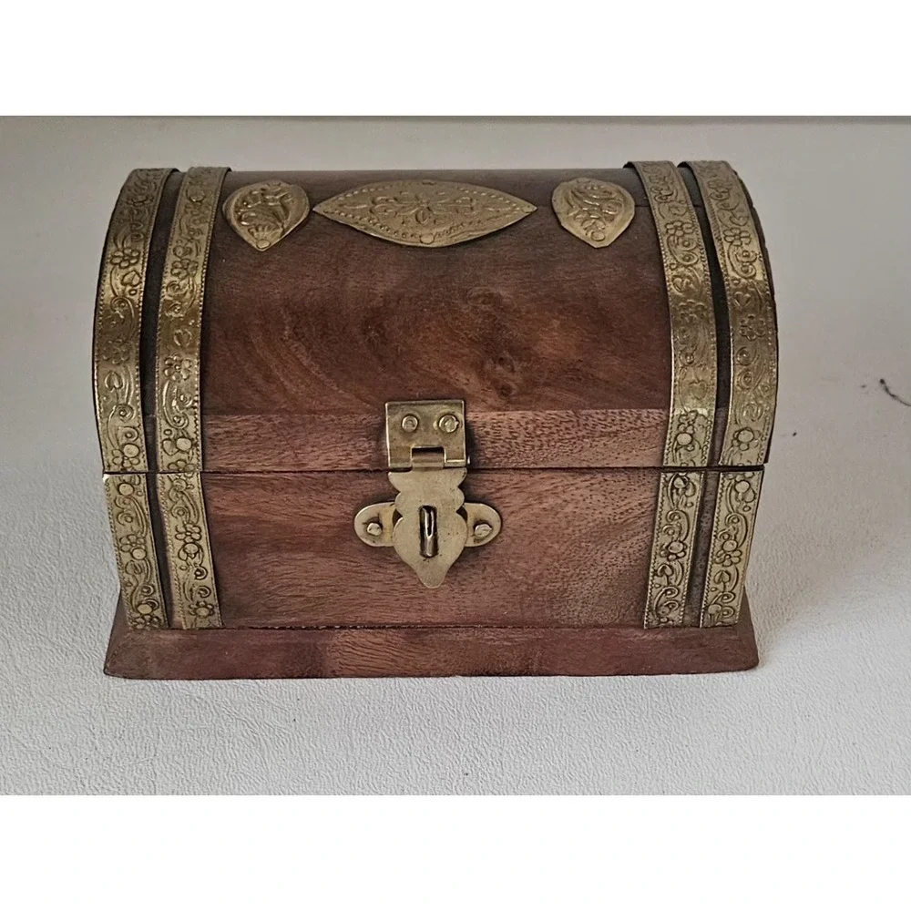 Vintage Wooden Domed Chest Trinket Box Brass Inlay 5